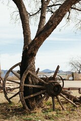Fototapeta na wymiar Old Wagon Wheel on Arizona Ranch