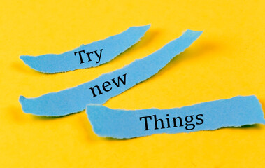 Try New Things text on a blue pieces of paper on yellow background, business concept