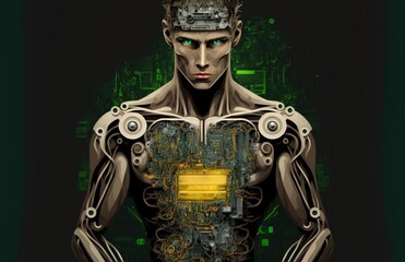 Illustration of a science fiction male humanoid android as artificial intelligence inside a core computer. Generative AI