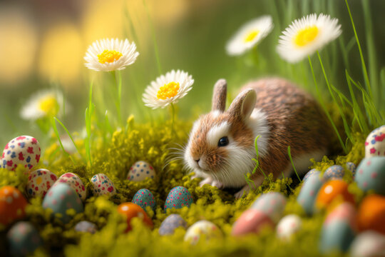 Smallest And Cutest Eastern Bunny In The World On A Forest Grass Patch On A Bright Sunny Day