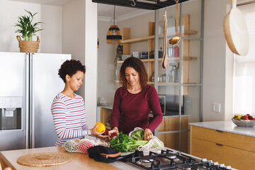 Happy diverse lesbian couple unpacking groceries in kitchen