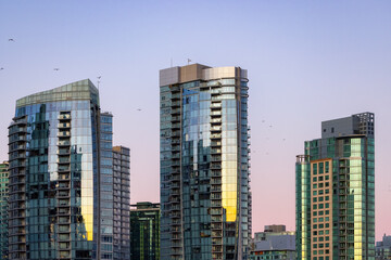 Fototapeta na wymiar Residential Highrise Apartment Buildings in Coal Harbour, Downtown Vancouver, British Columbia, Canada. Winter Sunrise