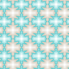 Abstract geometric seamless pattern. Mint green, aquamarine, turquoise and beige star like figured tiles. Retro ornament for textile and paper design
