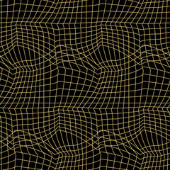 Abstract geometric grid seamless pattern. Gold crossing curved and strict lines on black background