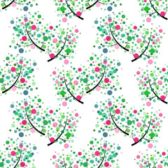 Floral seamless pattern. Spring seasonal design. Blossom branches with young leaves and pink flowers on white background