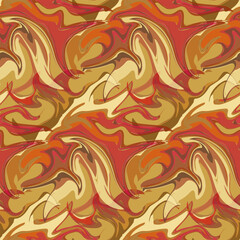 Abstract psychedelic seamless pattern. Beige, brown, khaki, orange, yellow, red liquid fluid marbling shapes
