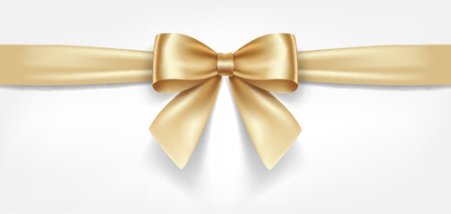 Satin decorative golden bow with horizontal yellow ribbon isolated on white background. Vector gold bow and gold ribbon - 567177121