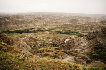 Drumheller badlands landscape in summer, Dinosaur Provincial Park, Alberta, Canada.