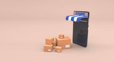 Fototapeta premium mobile phone representing an online store, with boxes outside (3d illustration)