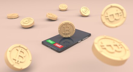mobile phone with bitcoin and option to buy and sell, with coin rain (3d illustration)