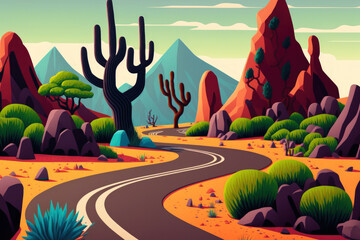 Illustration of a section of scenic, off the beaten path road for travel and tourism. An strange illustration. Generative AI