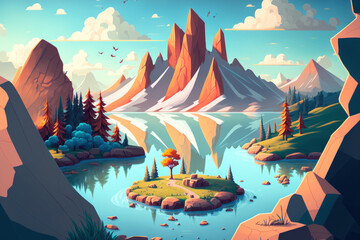 Illustration of a digital painting, a scene with large mountains, rocks, and trees, a lake in the middle, and an idea with fantasy clouds in the sky. Generative AI