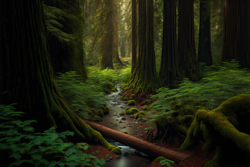 A dense forest of tall redwoods with a small stream running through, forest, nature, tree, green, trees, woods, landscape, path, summer, park, fern, wilderness, rainforest, wood, environment, moss, 