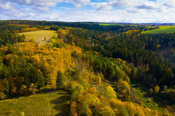 Aerial view of picturesque autumn hilly landscape with colored trees..