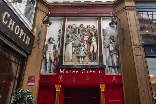 Entrance of Museum Grevin (Musee Grevin), wax museum founded in 1882 in Paris, located on the Grands Boulevards in passage Jouffroy. PARIS, FRANCE. AUGUST 25, 2021.