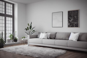 Fototapeta premium mock up poster frame in boho interior background, wooden living room design, Scandinavian style. Generative AI illustration