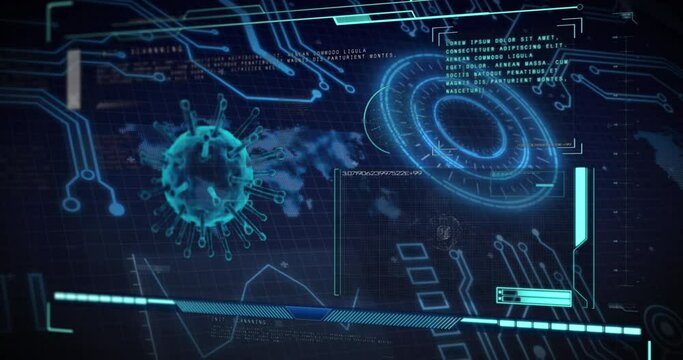 Animation of virus cell and scientific data processing over blue background