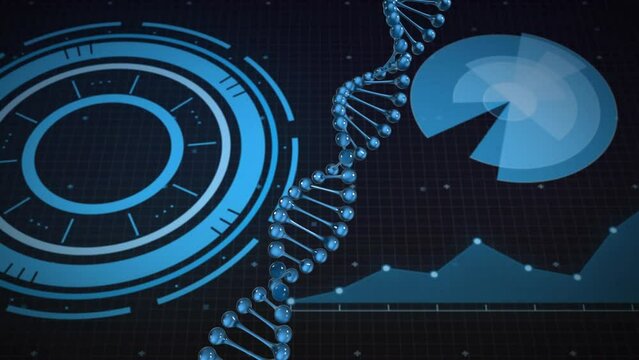 Animation of dna strand and scientific data processing over blue background