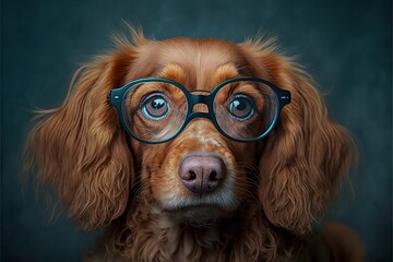 Portrait of a clever dog wearing eyeglasses created with Generative AI technology