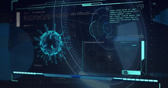 Animation of virus and scientific data processing over blue background