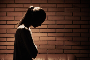 Unhappy woman at home suffering from depression, sadness, divorce, loneliness - obrazy, fototapety, plakaty