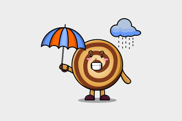 Cute cartoon Cookies character in the rain and using an umbrella in flat modern style design