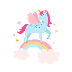 Vector color illustration of unicorn on rainbow in flat style. Cute fairytale cartoon character isolated on white.