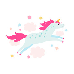 Vector color illustration of unicorn running in clouds in flat style. Cute fairytale cartoon character isolated on white.