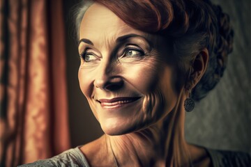 Smiling mature caucasian woman looking through a window. Generative AI