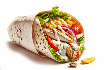 Shawarma or Doner with chicken roll on isolated white background. Turkish Fast Food . Generation AI