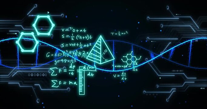 Animation of mathematical formulae and scientific data processing over black background