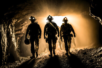 Silhouette of miners with headlamps entering underground coal mine, Industry worker. Generation AI