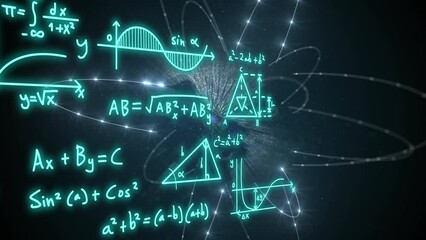 Animation of mathematical formulae and scientific data processing over black background - Powered by Adobe