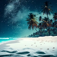 Obraz na płótnie Canvas Snowy beach with white sand, blue ocean and palm trees, Generative AI
