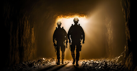 Fototapeta premium Silhouette of miners with headlamps entering underground coal mine. Banner industry worker. Generation AI