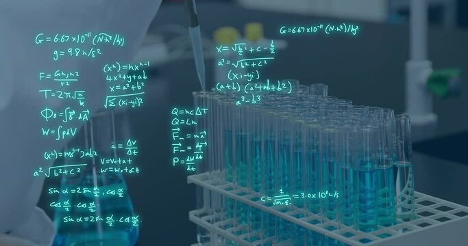 Animation of scientific data processing over test tubes in laboratory