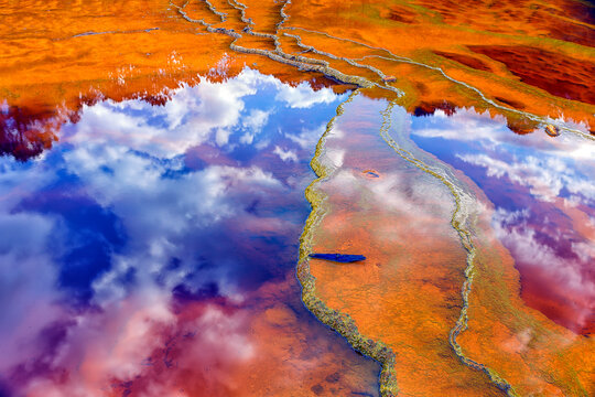 Mineral laden water in Rio Tinto river in Minas de Rio Tinto mining area, Huelva province, Andalusia, Spain