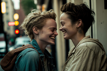 Smiling lesbian women flirting in the street. Generative AI