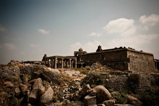 A wide view of Gingee Fort which is perched on a mountain top.