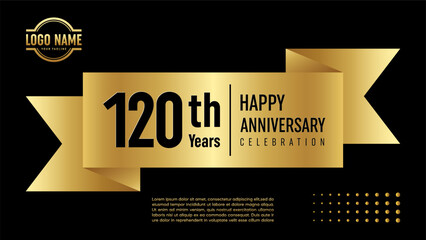 120 year anniversary. Anniversary template design concept with golden ribbon for birthday celebration event, invitation card, greeting card, banner, poster, flyer, book cover. Vector Template