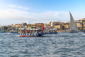 Foto op Plexiglas Colorful touristic river cruise boats and feluccas on the African Nile River as they travel through the central district of Luxor, Egypt. © Kirk Fisher