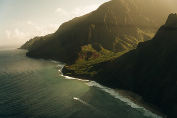 Hawaii Kauai Na Pali coast landscape aerial view from helicopter. Nature coastline dramatic...