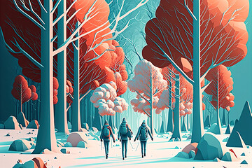 Cute Snowy forest with hikers  walking on a trail. Generative AI