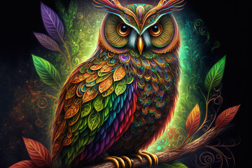 Magical Fantastical Colorful Various Fantasy Owl Background, Photorealistic - Generative AI