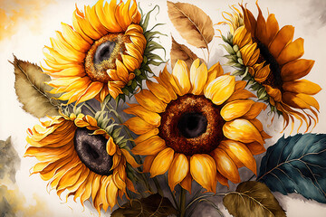 Beautiful  Sunflowers, Floral Flowers, Watercolor, Background, Wall Art - Generative AI