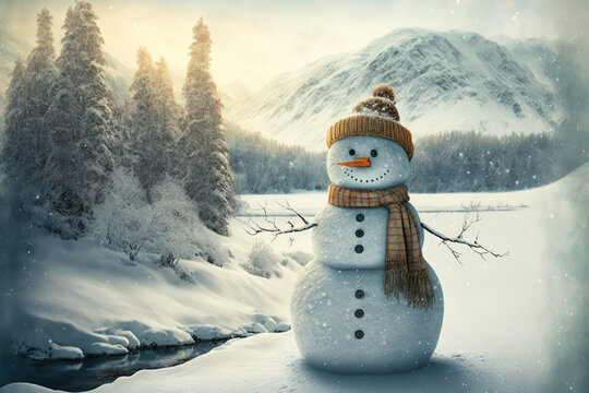 Beautiful panoramic view of a contented snowman with a winter wonderland background, generative ai
