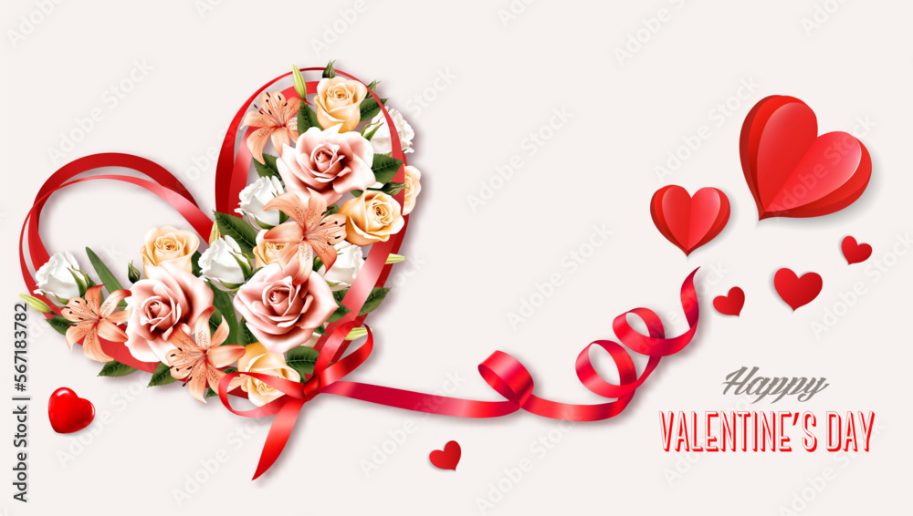 Aufkleber Happy Valentine's Day getting card  with Colorful Flowers collected in the shape of a heart and a red ribbon. Vector.