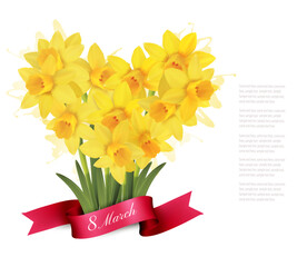 8th March illustration with bouquet of yellow narcissus flowers in shape heart and ribbon. International Women's Day. Vector.