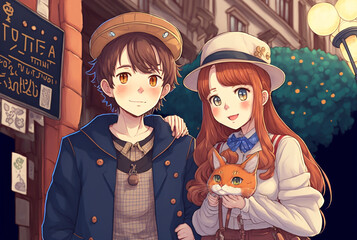 cute anime couple with their lovely cat, valentine's day, holiday, travel, love, generative ai
