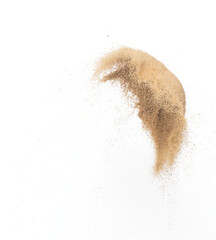Sand flying explosion, Golden sand wave explode. Abstract sands cloud fly. Yellow colored sand splash throwing in Air. White background Isolated high speed shutter, throwing freeze stop motion
